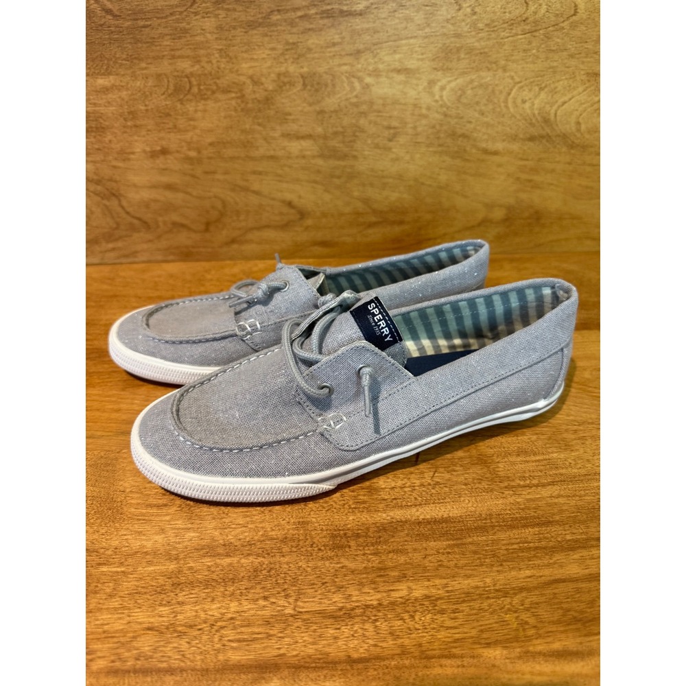 NEW Sperry Lounge Away Grey Shimmer Fabric Boat Shoes Slip On Sneakers Womens 6M